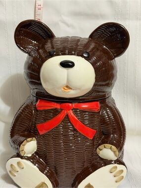 Vintage Otagiri Basket Weave Teddy Bear Cookie Jar Made in Japan 1979 w/Red Bow